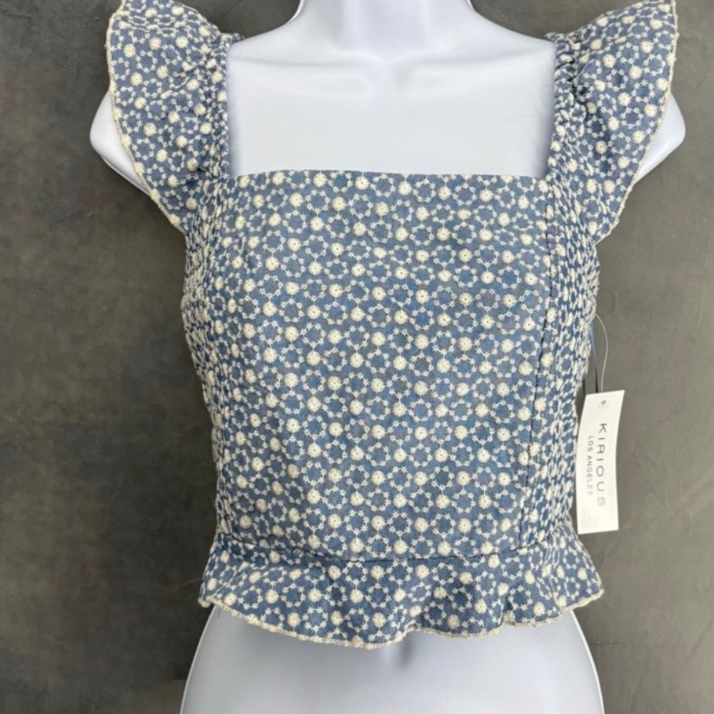 Kirious Eyelet Ruffle Sleeveless Tie Back Blouse Top Blue Boho large New